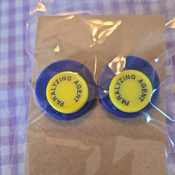 Blue and Yellow Medicine Cap Earrings - Picture 1 of 1